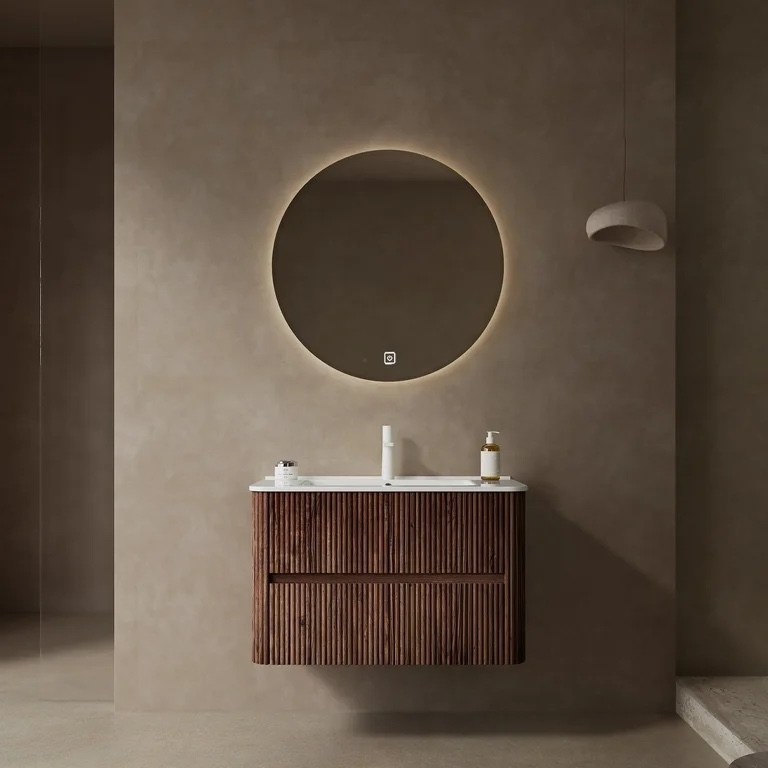 30“ Single Wall-Mounted Bathroom Vanity in Walnut, 2 Fluted Drawers, Sink Top Sold Separately
