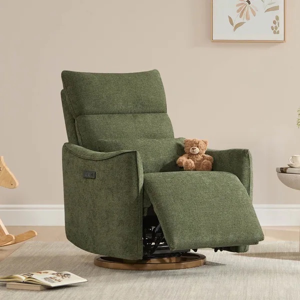 Moss Green Power Swivel Recliner Chair, Dual-Motor,270 Degree Swivel Rock Reclining Function, with Lumber Pillow, Natural Wooden Swivel Base, Polyester Fabric, USB and C Ports