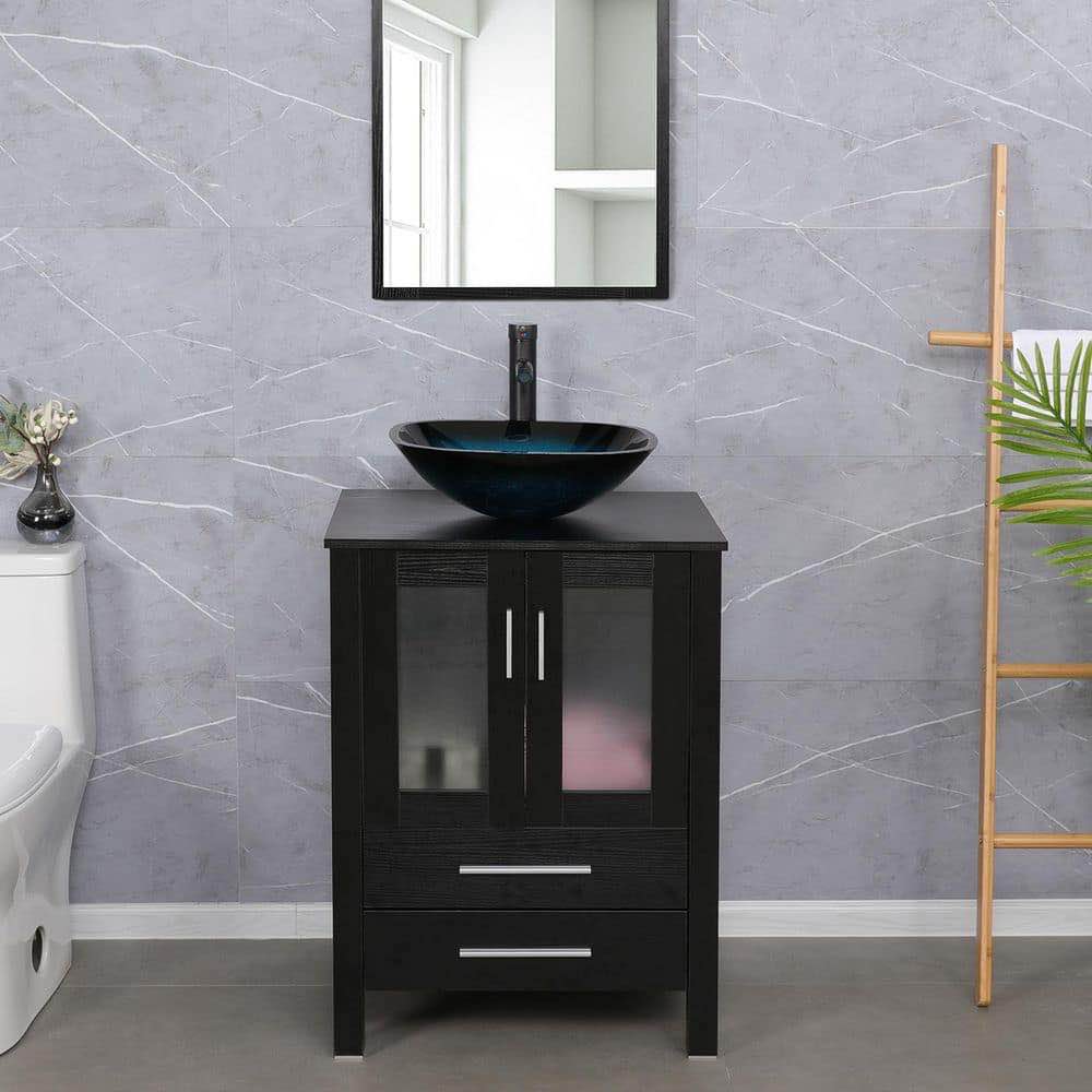 24 in. W x 20 in. D x 32 in. H Single Sink Bath Vanity in Black, 2 Textured Glass Cabinet Doors, 2 Drawers,Pre Drilled Sink Bowl Hole, Chrome Handles. Sink bowl sold separately.