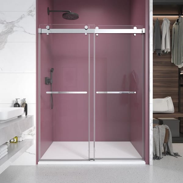 KZG 54 in. W x 76 in. H Double Sliding Frameless Shower Door in Chrome with Clear 3/8 in. Glass