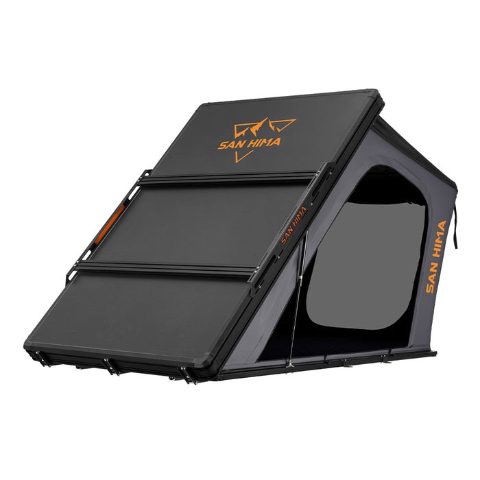 San Hima Hotham Aluminum Roof Top Tent, Hardshell, Perfect for Camping, 4WD 4x4, 420D Double Ripstop Oxford Fabric & 280GT Polyester-Cotton, 50+ UV Protection, Waterproof:	PU 5,000mm,  Skyview Window, AquaShield Coating resists UV, water, and corrosion. Includes Memory Foam Layer. Is Easily Foldable. 83.5 x 57.1 x 63.66 in