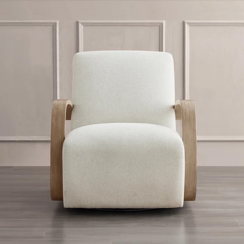 Brehana Modern Swivel Armchair in Linen Beige with Birch Wood Arms and Metal Swivel Base 31.5'' H X 28.3'' W X 35'' D