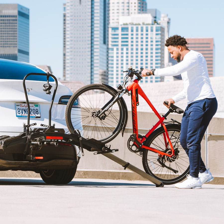 DESTINATION E BIKE RACK FOR ELECTRIC BIKES, Can hold 2 70Lb Bikes, 46” Ramp, Lock & Go No Wobble System