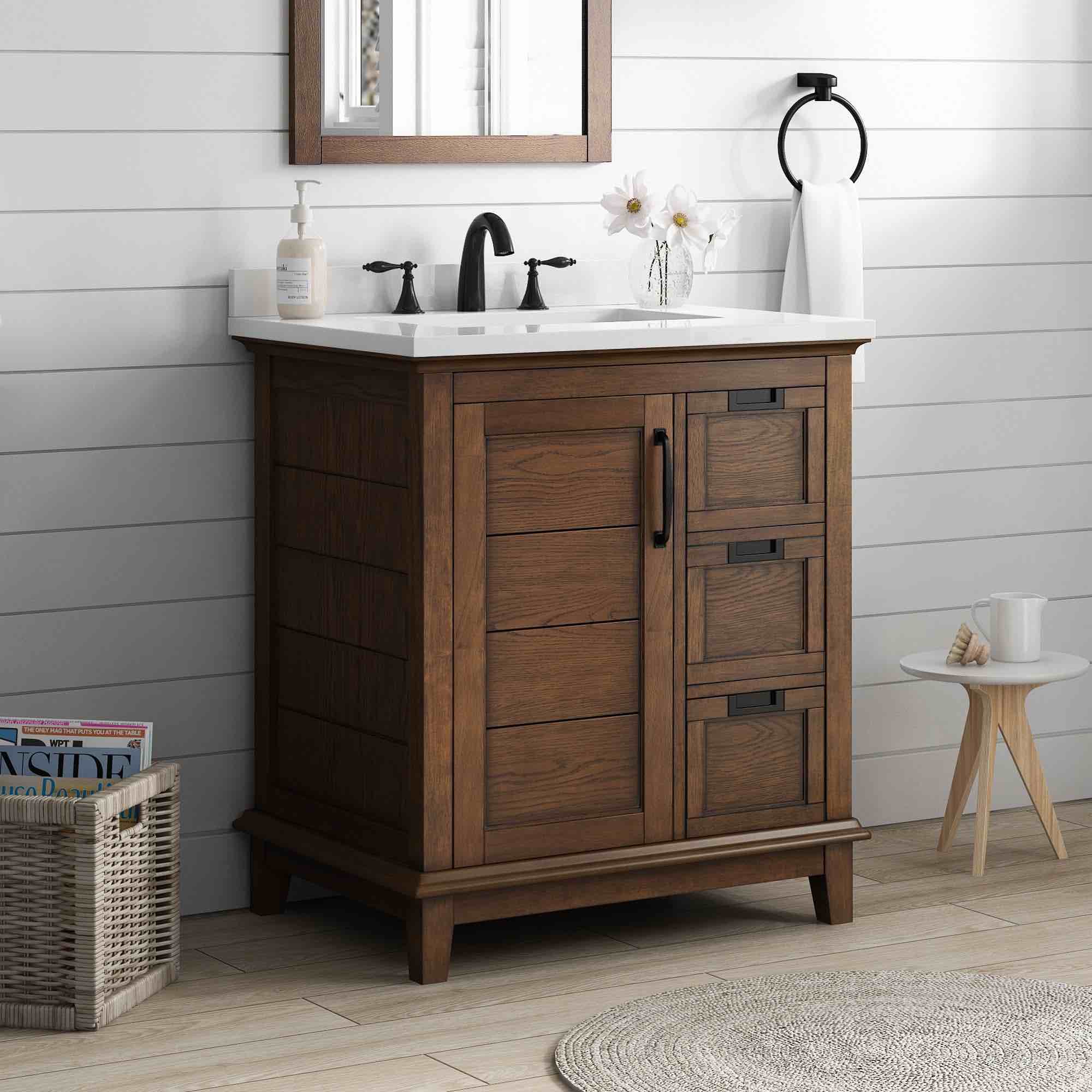 Ove Decors Pembroke 30 in. Single Sink Bathroom Vanity in Antique Coffee, White Cultured Marble Sink Top, Matte Black Inlets and Handle, 1 Cabinet Door with Interior Shelf, 3 Soft Close Drawers, Backsplash Included, 24x20x8 inches