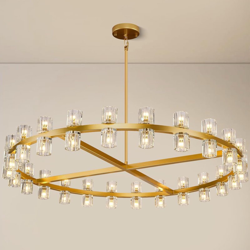 48-Light Gold Brushed Wagon Wheel Style 46" Dimmable Round Cup Crystal Chandelier, for flat and sloped ceilings (Bulbs Included)