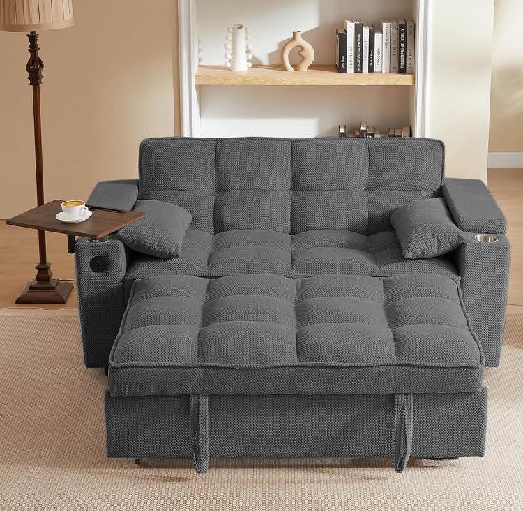 Hansones 65'' 3-in-1 Folding Convertible Sofa Bed, Queen Size Pullout Sofa, Modern Chenille Fabric, 360° Swivel Side Table, Easy Assemble