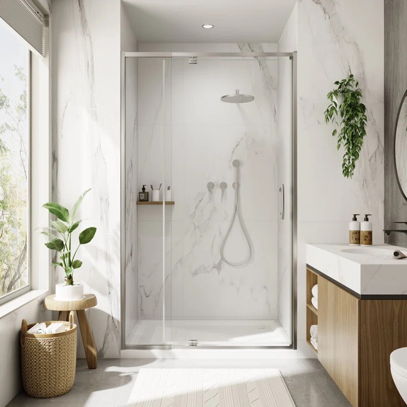 38-42" W X 71" H Pivot Semi-Frameless Shower Door With 1/4" Tempered Glass SD4271P03CBN (Brushed Nickel Hardware) (missing bottom door seal)