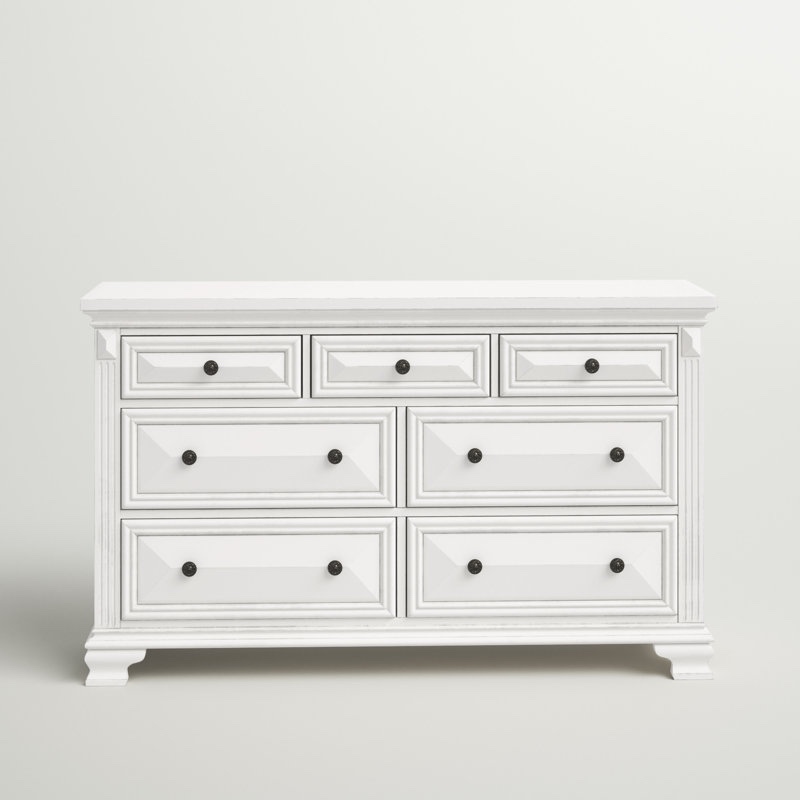 Lark Manor Cedar Wood 64'' W Cream 7 - Drawer Dresser with Antique Floral Carved Metal Knobs - 38'' H X 64'' W X 18'' D