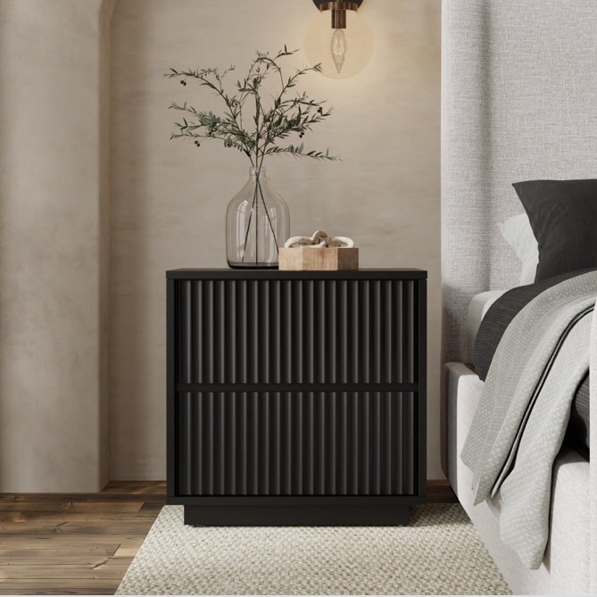 ORIGINS BY ALPINE Blanca Mahogany Nightstand in Black with 2 Fluted Drawers 24"x15"x23.5"