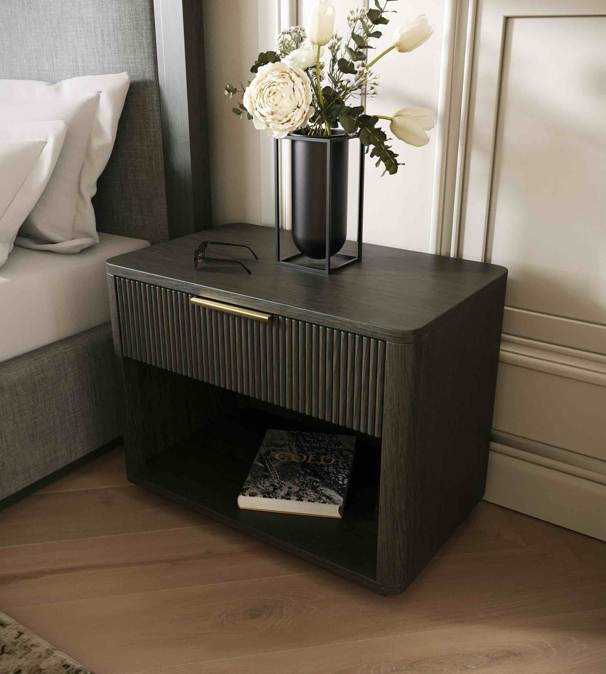 Santa Monica - Modern Grey Wash Nightstand, Base Shelf and 1 Fluted Drawer with Gold Handle, W31.5" X D19.69" X H25"