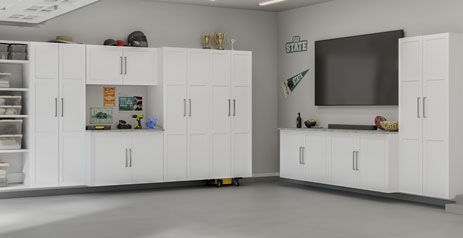 sauder garage core white cabinet collection, 3 palettes total. multiple cabinet sizes with adjustable shelves and heights to customize your work space. needs some cleaning, hardware needed. 