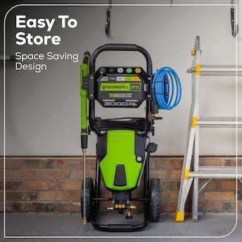 Greenworks Pro 3000-PSI 2.0-GPM Cold Water Electric Pressure washer with 5 Spray Tips, Blue chord needs replaced, has been used, machine in quality condition. 
