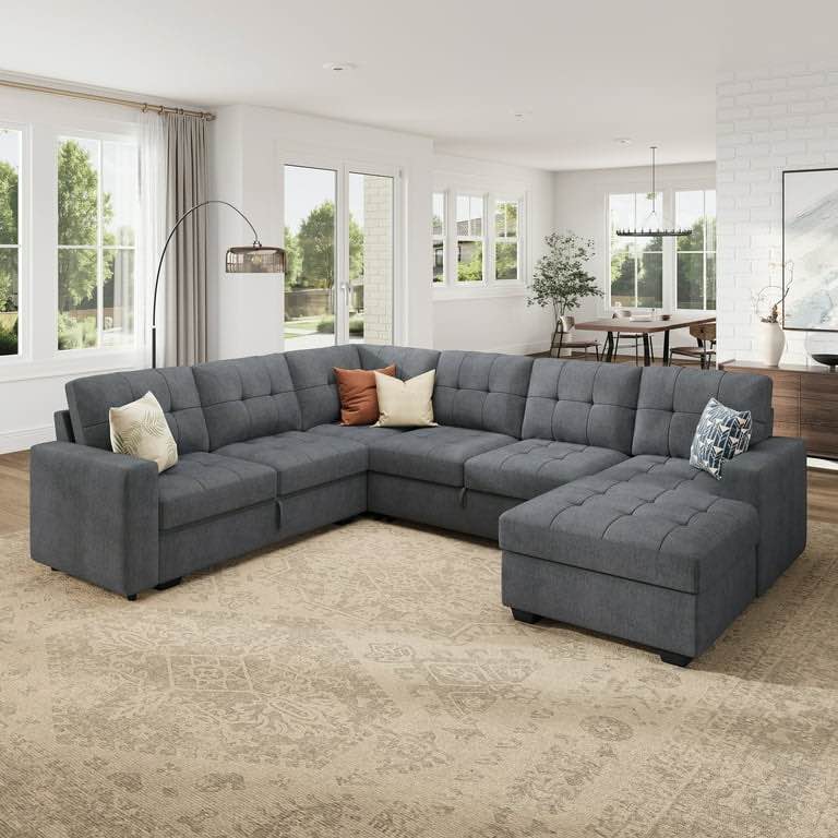 HONBAY Sectional Modular Pull-Out U Shaped Sleeper Sofa with Tufted Cushioning, Storage, and Full Size Pull Out Bed in Bluish Grey Linen Fabric. Minor .05” tear on inner corner of ottoman otherwise brand new. 