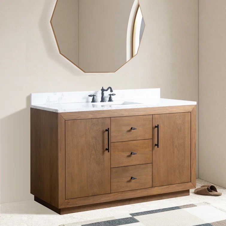 60” Tan Poplar Wood Single Bathroom Vanity with 2 Single Shelf Cabinet Doors, 3 Drawers, Matte Black Metal Handles and Knobs, with a White Stone Top in Arabescato Marble. 38'' H X 60'' W X 22'' D