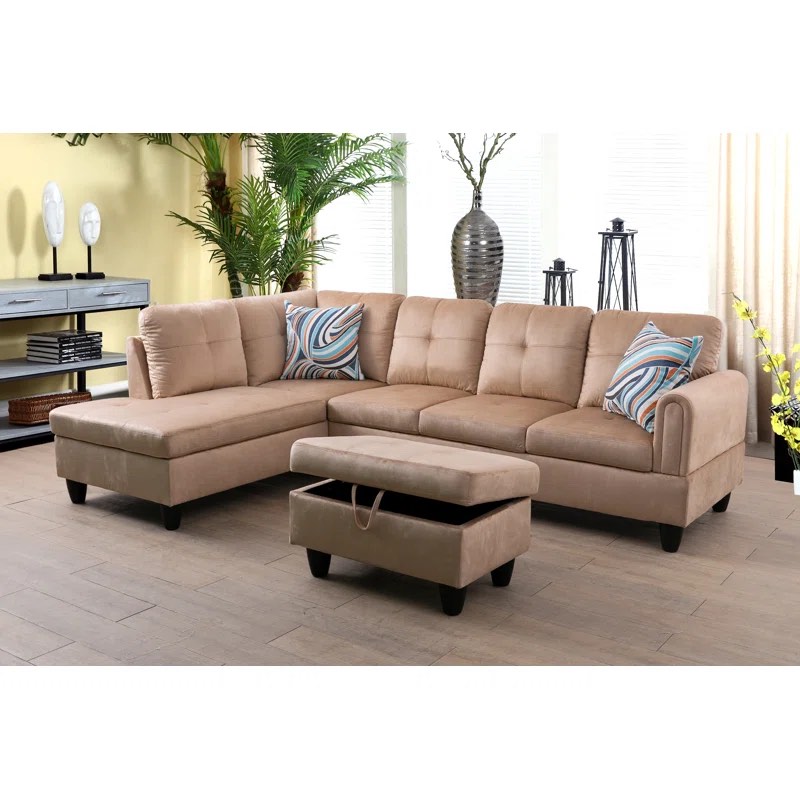Lifestyle Solutions Latte Blush Vegan Leather 2 Piece Left Arm Facing 7 Seater Sofa with Tufted Cushioning, Accent Pillows Included. Ottoman Purchased separately.