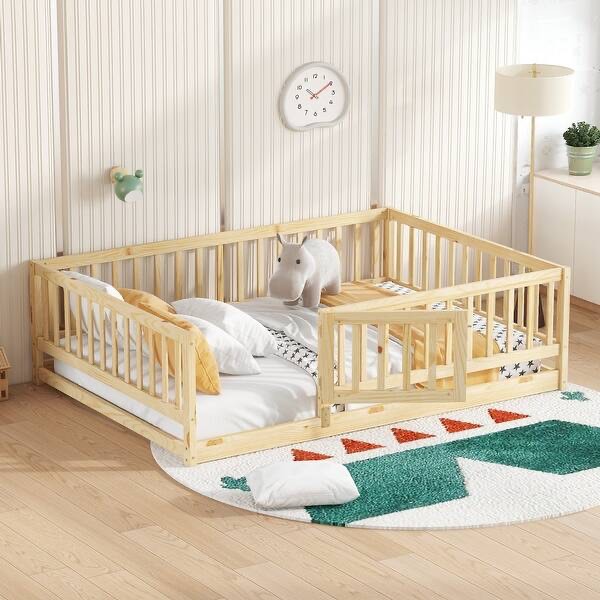 Full Size Floor Bed With Slats Montessori Bed With Fence Door Kids Wood Floor Bed
