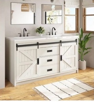 60" Farmhouse Sliding Barn Door Double Vanity with Sink Combo, Freestanding Bathroom Vanity Cabinet with Drawers & Metal Handles, Distressed White (Vanity Only)