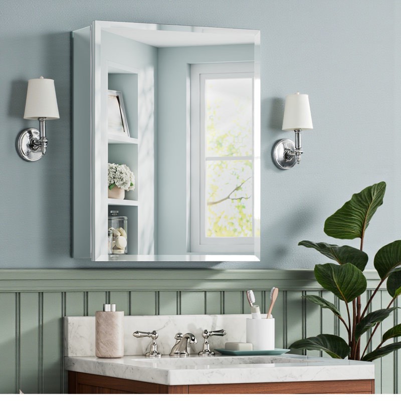 Aluminum Medicine Cabinet with Beveled Mirror, Assembly Needed, Recessed/Wall Mount,Side Mirror, Reversable Door