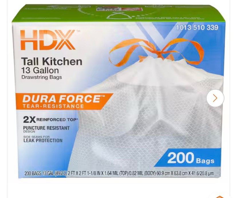 13 Gallon Reinforced Top Drawstring Unscented Kitchen Tall Trash Bags with 20% PCR (200-Count)