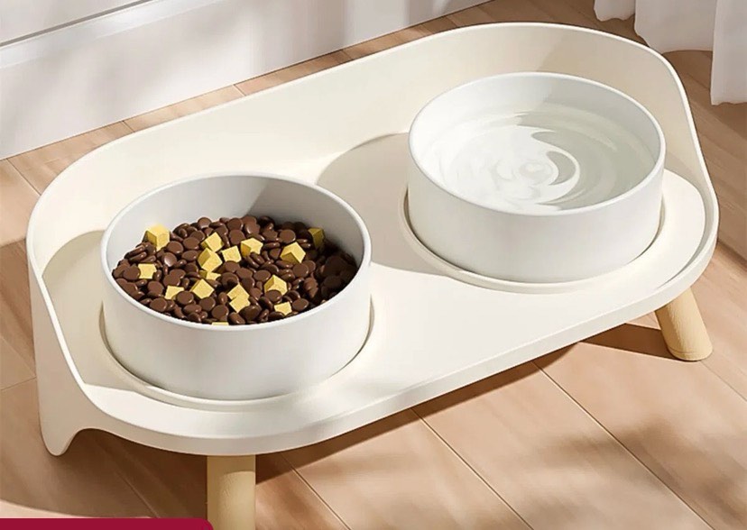 Bone China Double Pet Feeder, Elevated Cat Dog Food Double Bowls, Ceramic Pet Feeding Bowl for Food and Water