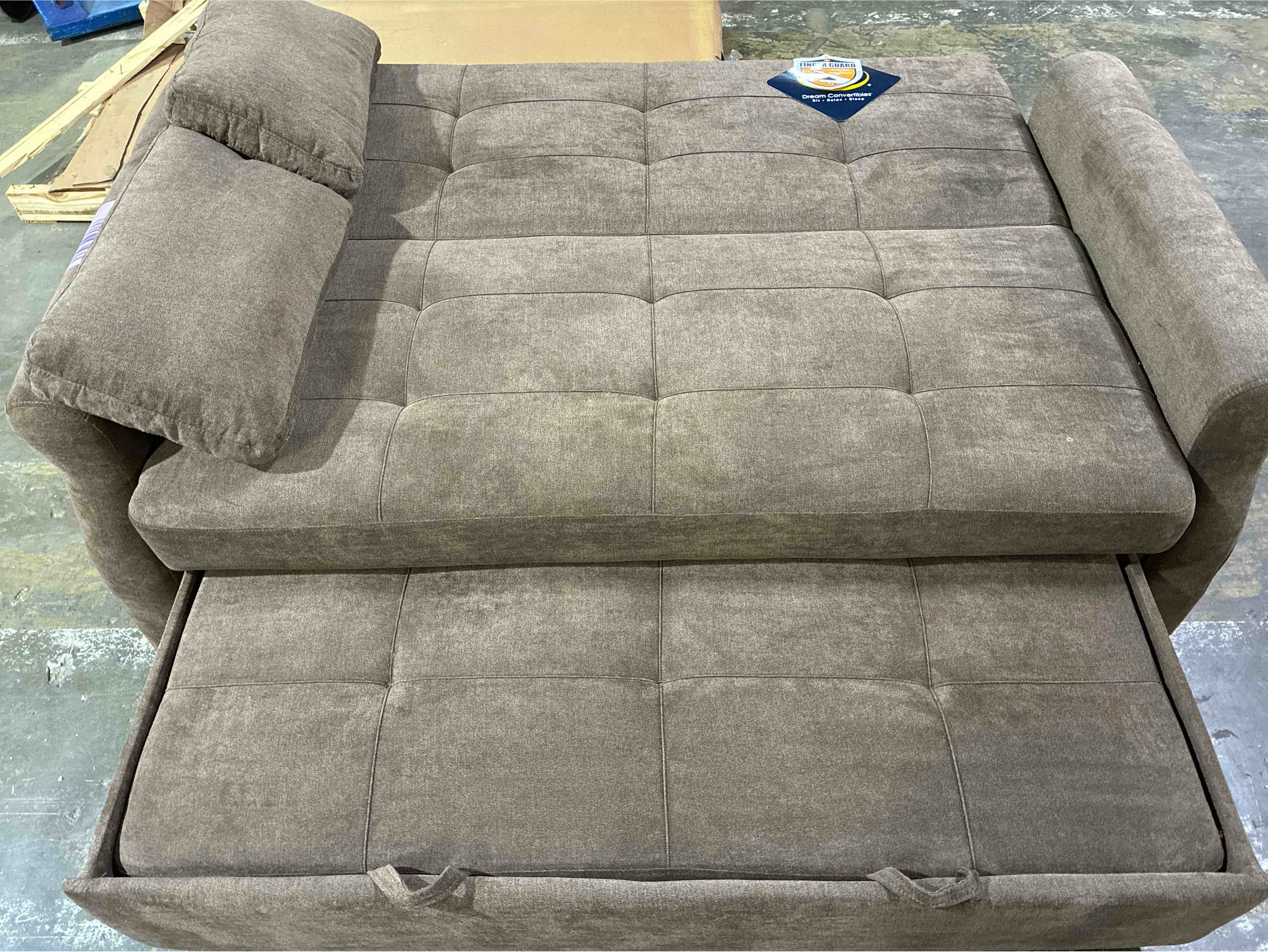 Condition photo showing Good Condition for Serta Sabrina 73" Queen Rolled Arm Tufted Back Convertible Sleeper Sofa with Cushions. Mark on right side cushion, otherwise beautiful condition. Experience the perfect blend of style, comfort, and functionality with the Serta Queen Size Convertible Sofa.  39.6'' H X 72.6'' W X 37.6'' D