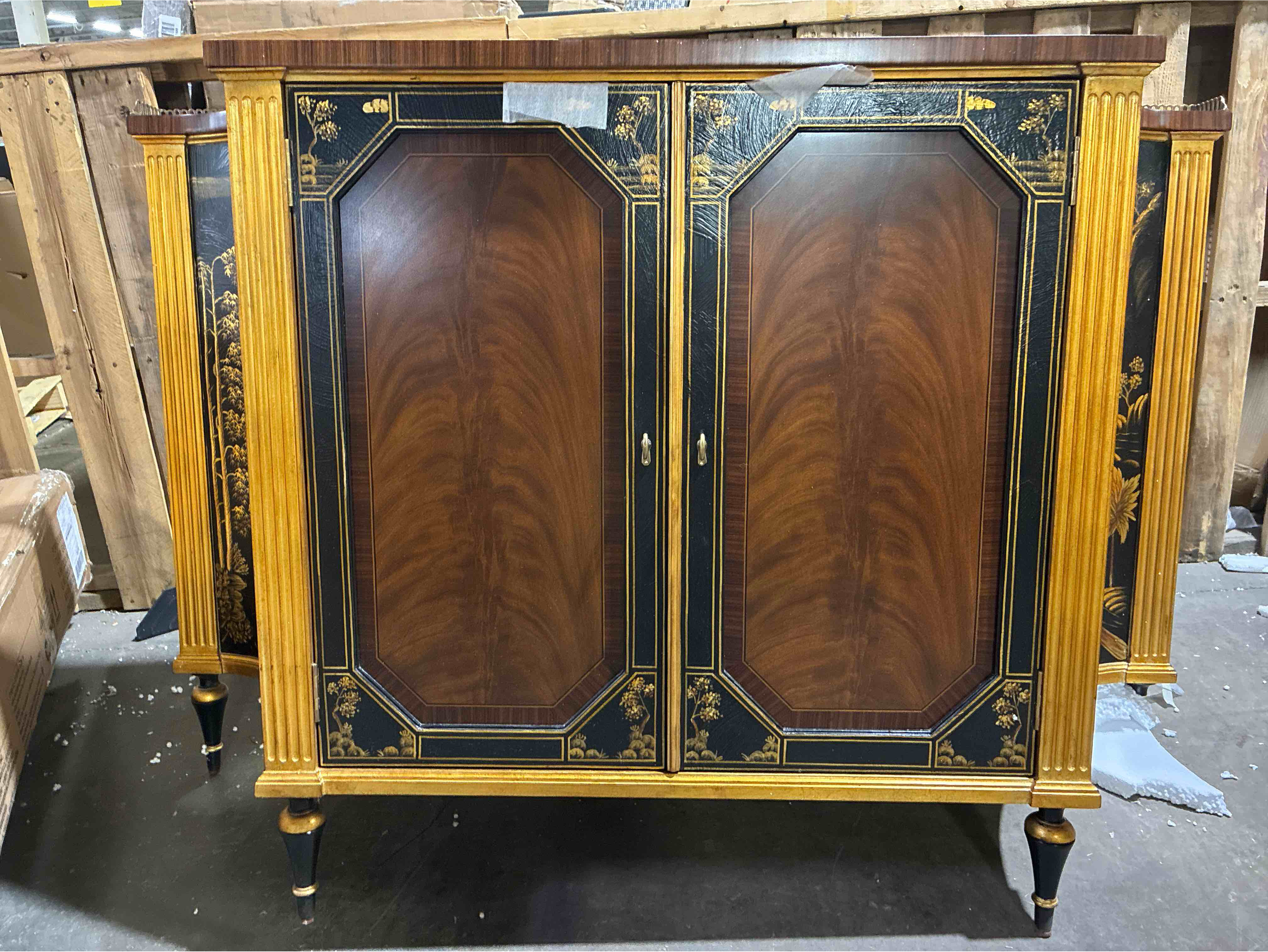 Condition photo showing As Is for Chinoiserie 56'' Hand Painted Rose Wood Sideboard with Antique Gold Trim, 2 Door Open Space Cabinet. Buy/Repair, Back leg needs professionally replaced/Refixed. Front, interior, sides, and top remain in beautiful condition. 37'' H X 56'' W X 17'' D