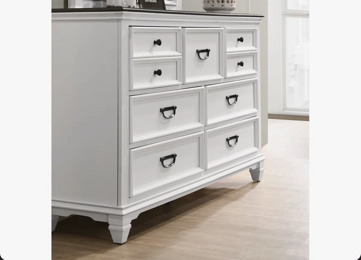 Condition photo showing New/Like New for Weathered White Semaj Wood Bedroom Set- Two Nightstands and Dresser