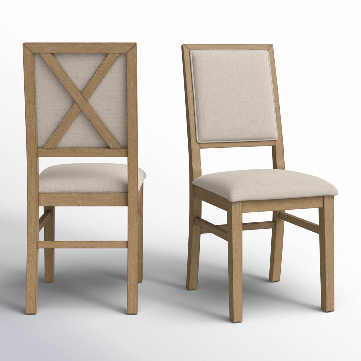 Condition photo showing Good Condition for Columbia Rustic Wood Upholstered Dining Chair, Set of 8, minor dents and cosmetic imperfections on all chairs, small discoloration on two cushions which can be cleaned