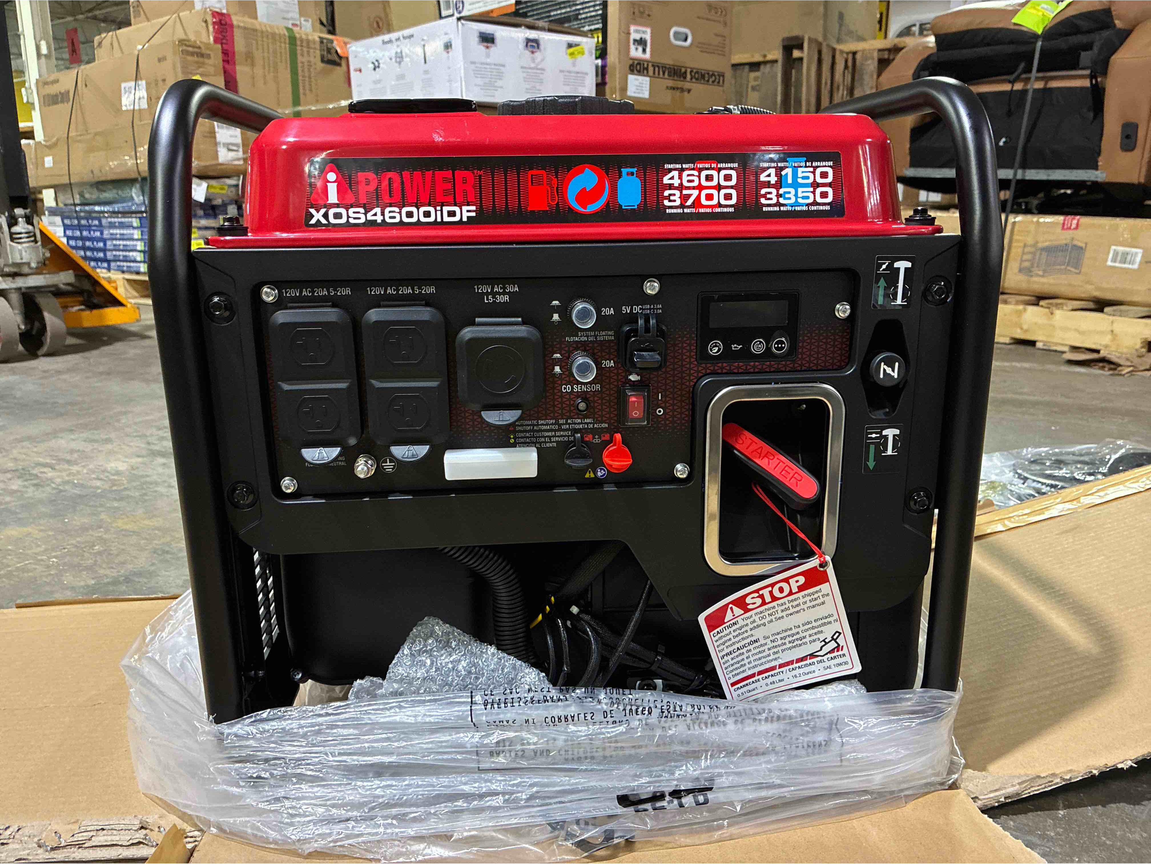Condition photo showing New/Like New for XOS4600iDF Dual Fuel Open Frame Inverter Generator, 4600 Starting / 3700 Running Watts (Gas), 4150 Starting / 3350 Running Watts (Propane), 161cc OHV 4 Cycle Engine with Low Effort Recoil Start, 2.5 Gallon Tank, up to 13.0 Hour Runtime, 19.0 Hour Runtime with 20 lbs. Propane Cylinder