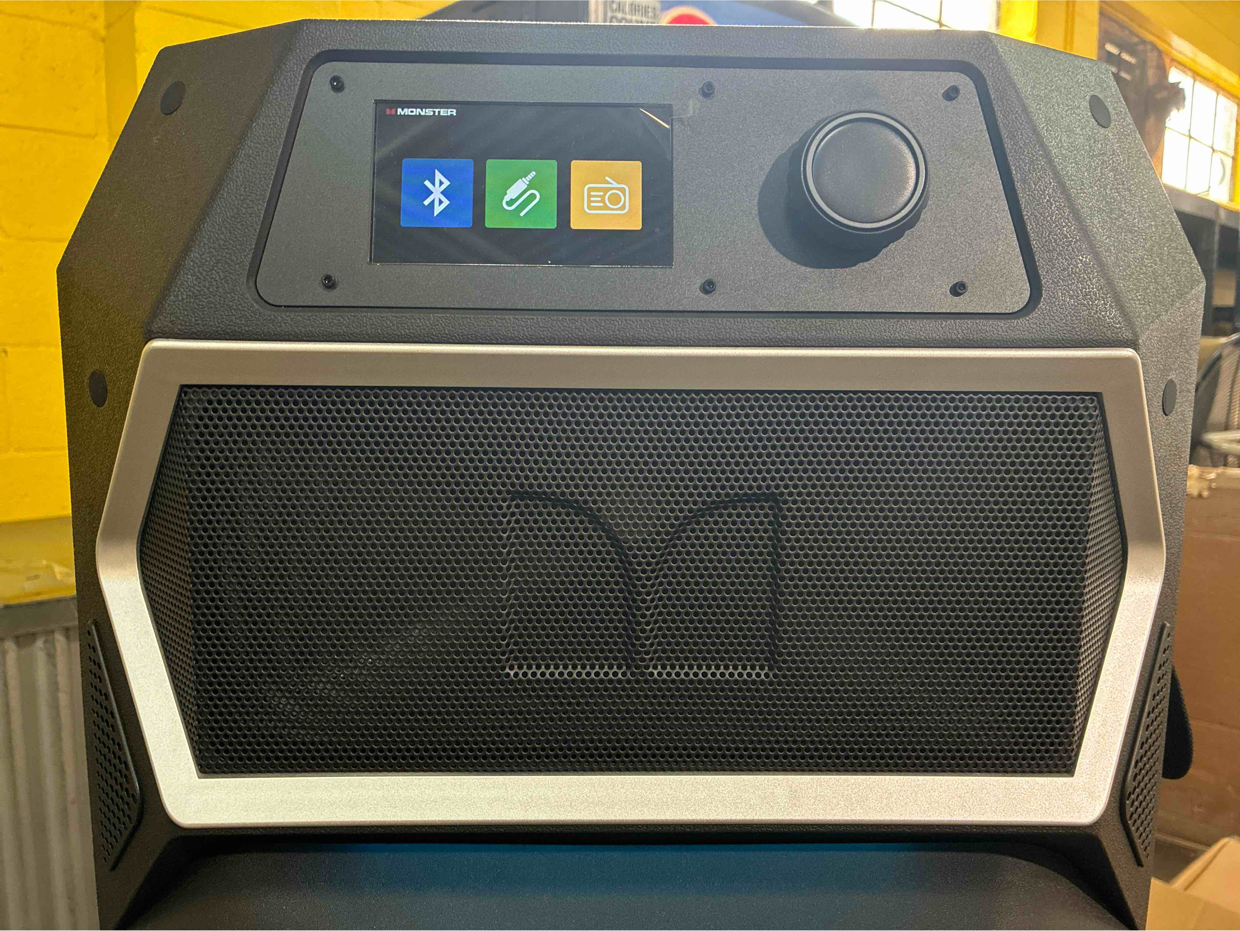 Condition photo showing New/Like New for Monster GI30 High Power Speaker. Dual 15" Subwoofers, 1800 Watts of Total Power, Bluetooth 5.3 High Fidelity, Wirelessly Connect, 2 Touchscreen Display, Mic/Instrument Inputs. App Control: RGB LED lights, Audio preferences & FM Radio presets.