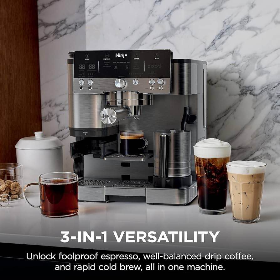 Condition photo showing New/Like New for Ninja Luxe Café 3-in-1 Espresso, Drip Coffee and Cold Brew Machine | Integrated Coffee Grinder, Milk Frother, Assisted Tamper & Built-In Espresso Accessory Storage | Stainless Steel | ES601, All Accessories Included, Gently used needs cleaned