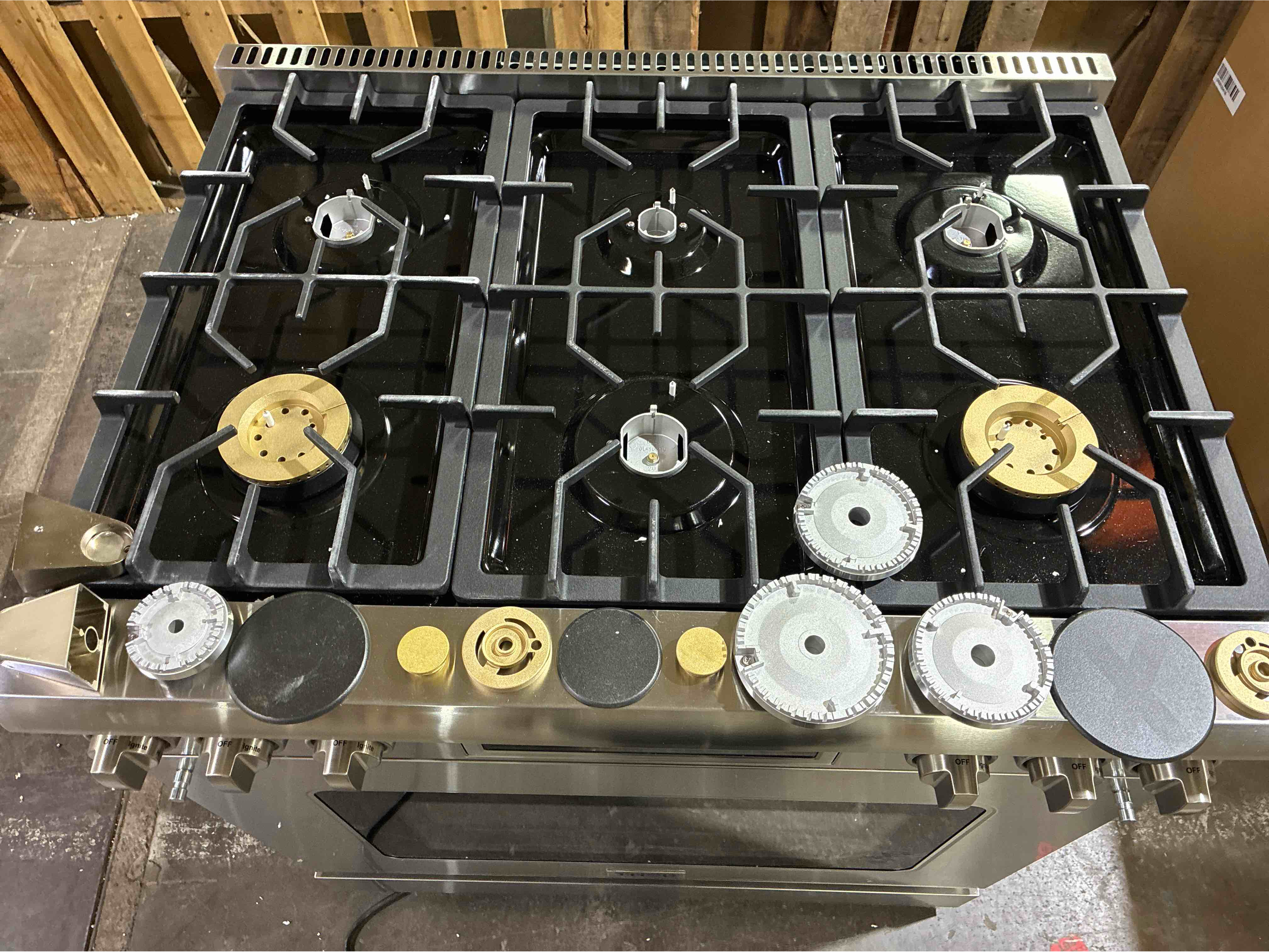 Condition photo showing Good Condition for Thor Kitchen 36" 6 Cubic Feet, 6 Burner Natural Gas Stove and Oven with Electric Control Panel and Commercial Grade Convection Fan. 4 Burner Ring Kits need replaced, otherwise brand new condition. 