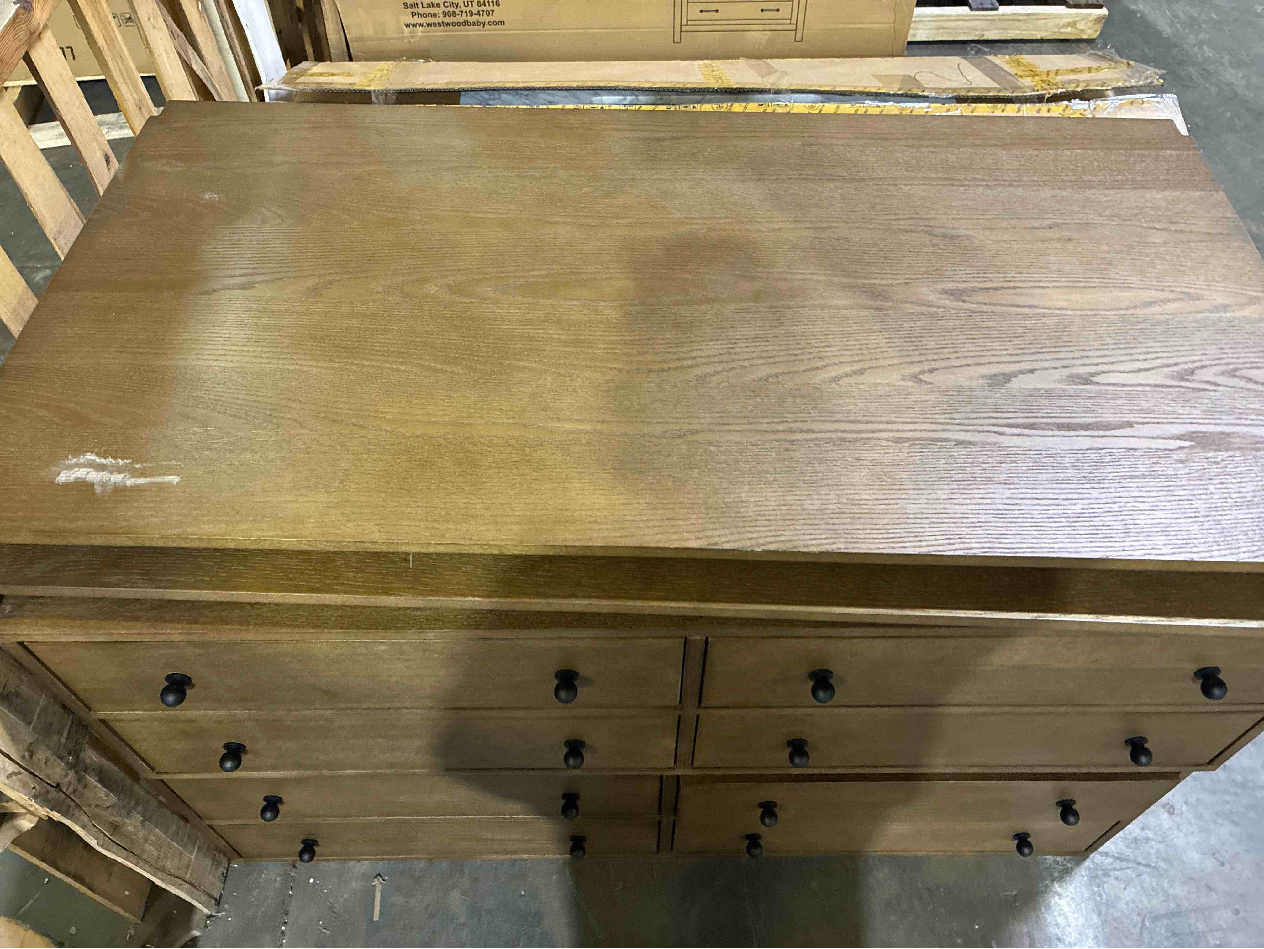 Condition photo showing As Is for Birch Lane™ Cascade Kitchen Island, Drawer Sections and Shelves only, Legs and Tops need replaced. Minor scratching on top of shelving, otherwise drawers in brand new condition. 36'' H X 118'' W