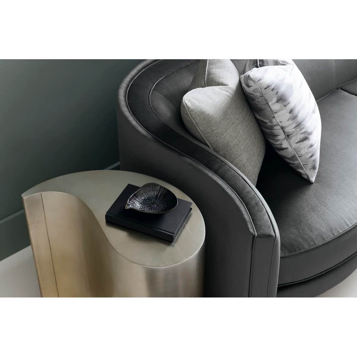 Condition photo showing As Is for Caracole Classic Gold Painted Solid Wood End Table, Chip on side and edge, scrape along bottom end can be repainted. 26.25'' H X 12'' W X 24'' D