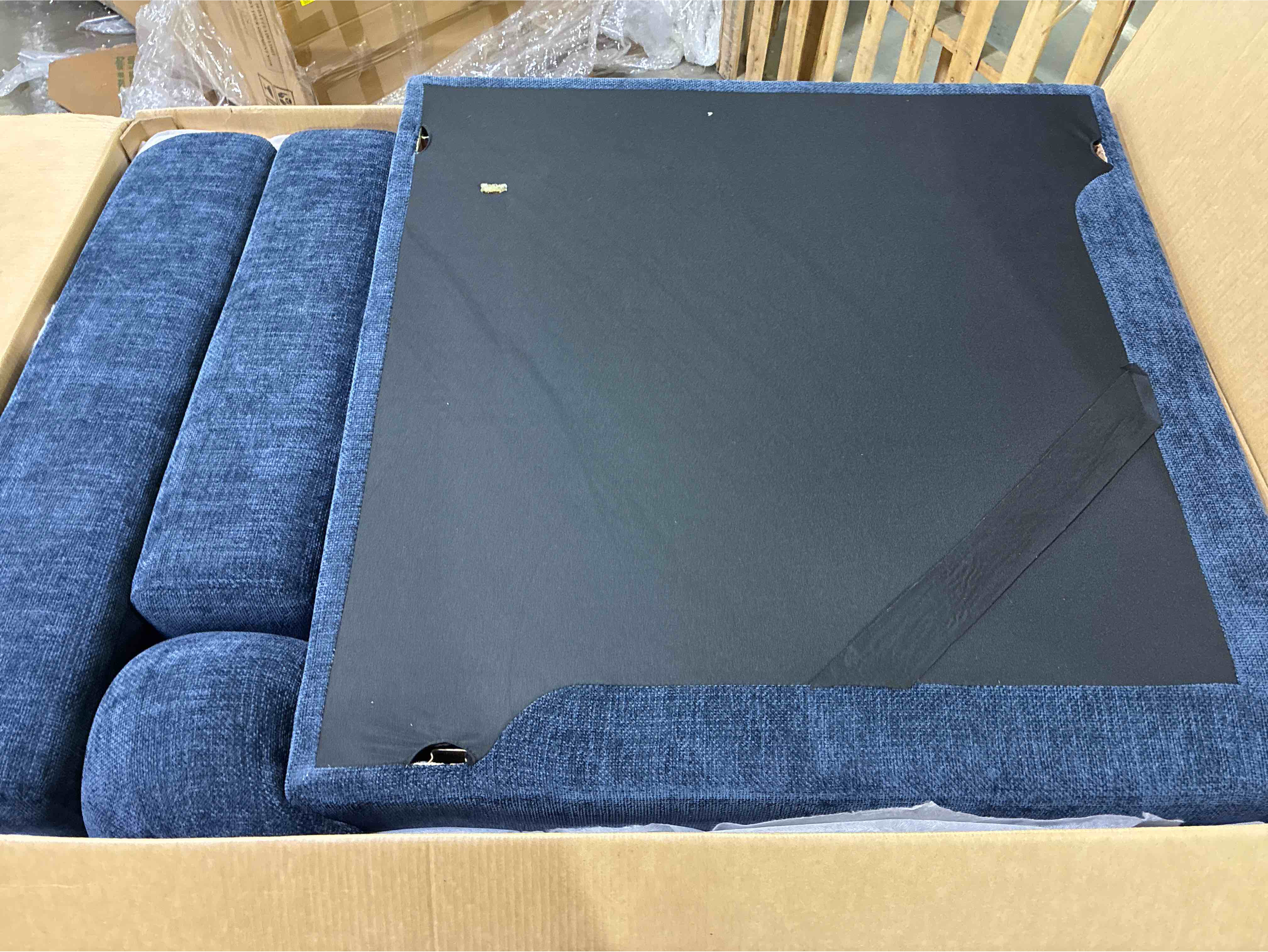 Condition photo showing New/Like New for 2 Seater Blue Chenille Modular Sofa with Ottomans, 