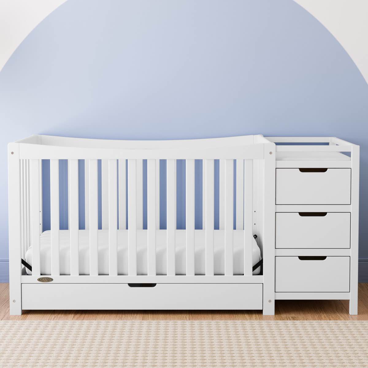 Graco Remi 4-in-1 Convertible Crib and Changer, small scratches/dents to drawer and rail parts (pictured), hardware has been open, mattress must be purchased separately (available on Amazon for $100) , 35.71'' H X 29.53'' W X 71.77'' L