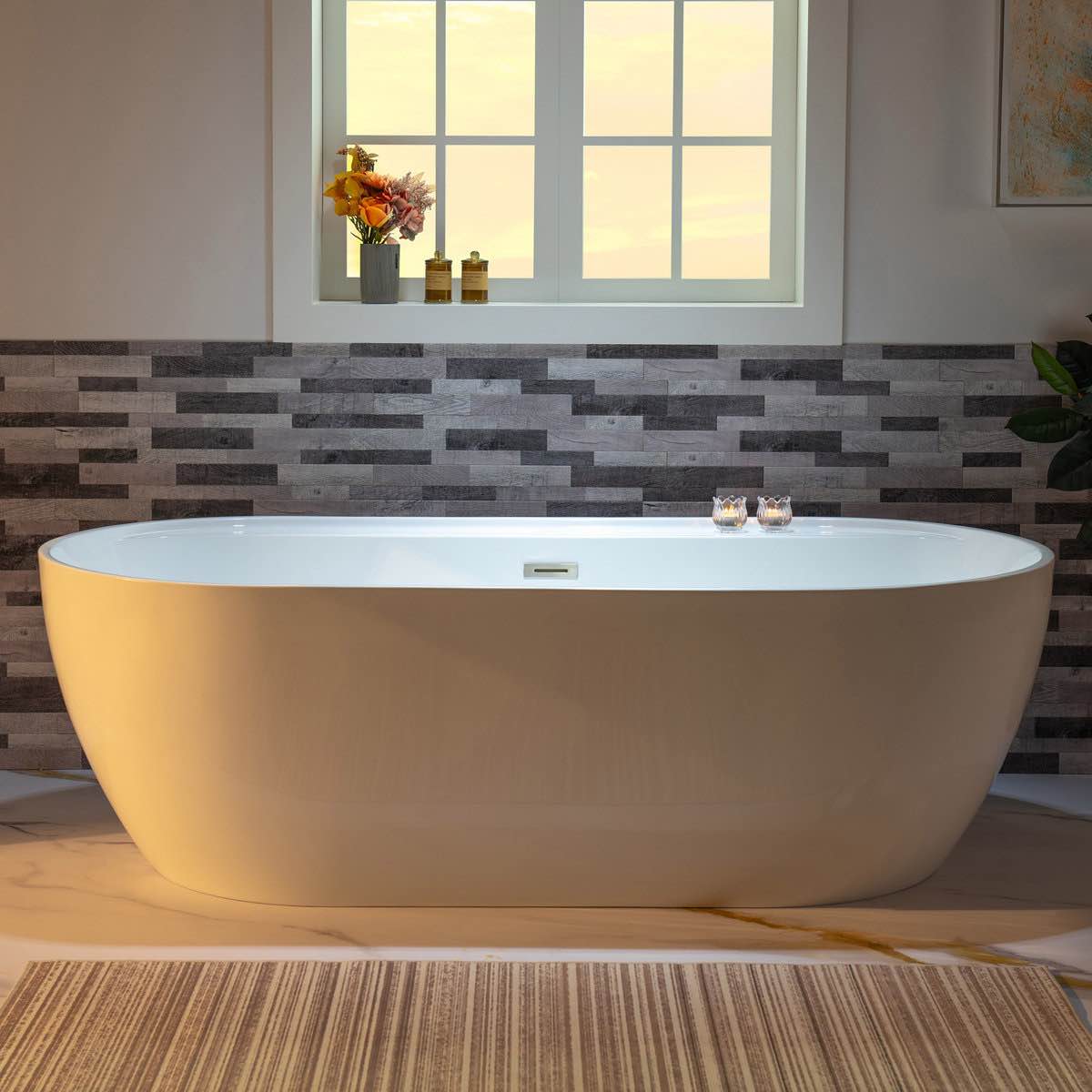 Condition photo showing New/Like New for 72'' x 35.375'' Freestanding Acrylic Double Ended Bathtub with Wide Rim, - Available in Glossy White/Black, with Brushed Nickel Finishes B0059-BN