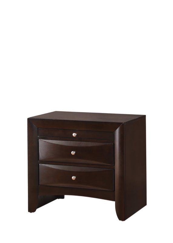 Condition photo showing Good Condition for Emily Dark Cherry Dresser and Nightstand Set by Crown Mark - (Good condition because 2 drawers on the dresser drag, which will need repair, and there is a 1” scratch/gouge on middle right side of the nightstand)
