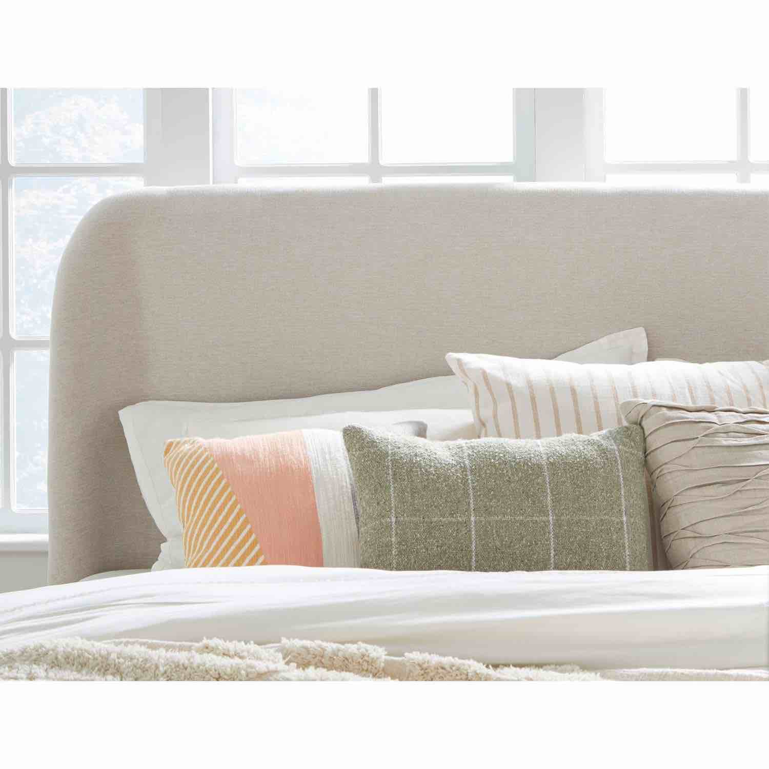Condition photo showing Good Condition for Penny Upholstered Platform Bed in Buff Cream Ash and Oatmeal Linen California King. Headboard and footboard in beautiful condition, comes with hardware, side rails must be purchased separately (available on BedfordHomeFurnishings for approx. $200)