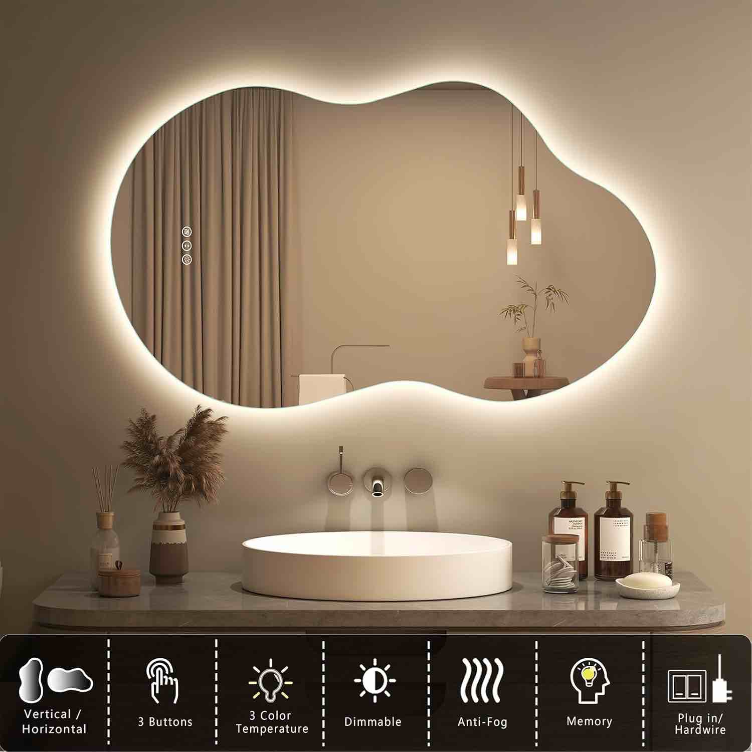Condition photo showing New/Like New for SMIROR Irregular Backlit Bathroom Mirror with Lights 60 x 32, Asymmetrical Cloud Led Lighted Vanity Mirror for Wall, Anit-Fog, Dimmable, Memory Function (Horizontal/Vertical), Hardware included