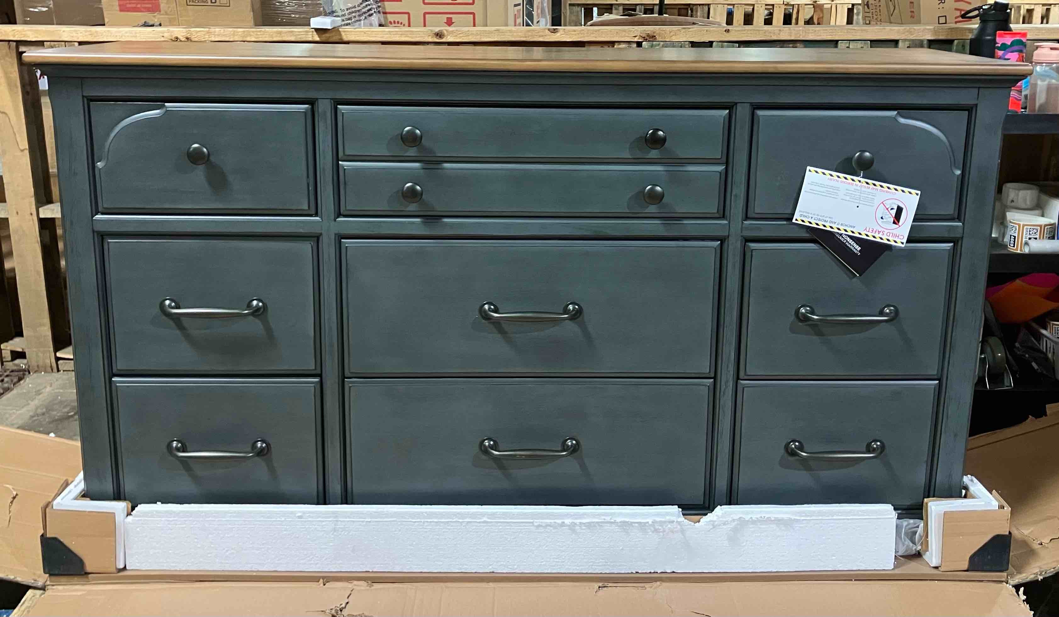 Condition photo showing New/Like New for Legends Home 9-Drawer 66β Dresser, Corduroy Blue Finish - 39'' H X 66'' W X 18'' D