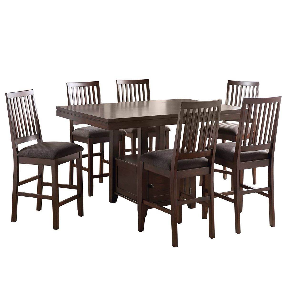 Condition photo showing New/Like New for 7pc Yorktown Counter Storage Dining Set Espresso - Steve Silver Co.: Mindi Veneer, Gray Tweed Seats 36 Inches (H) x 42 Inches (W), 60 Inches