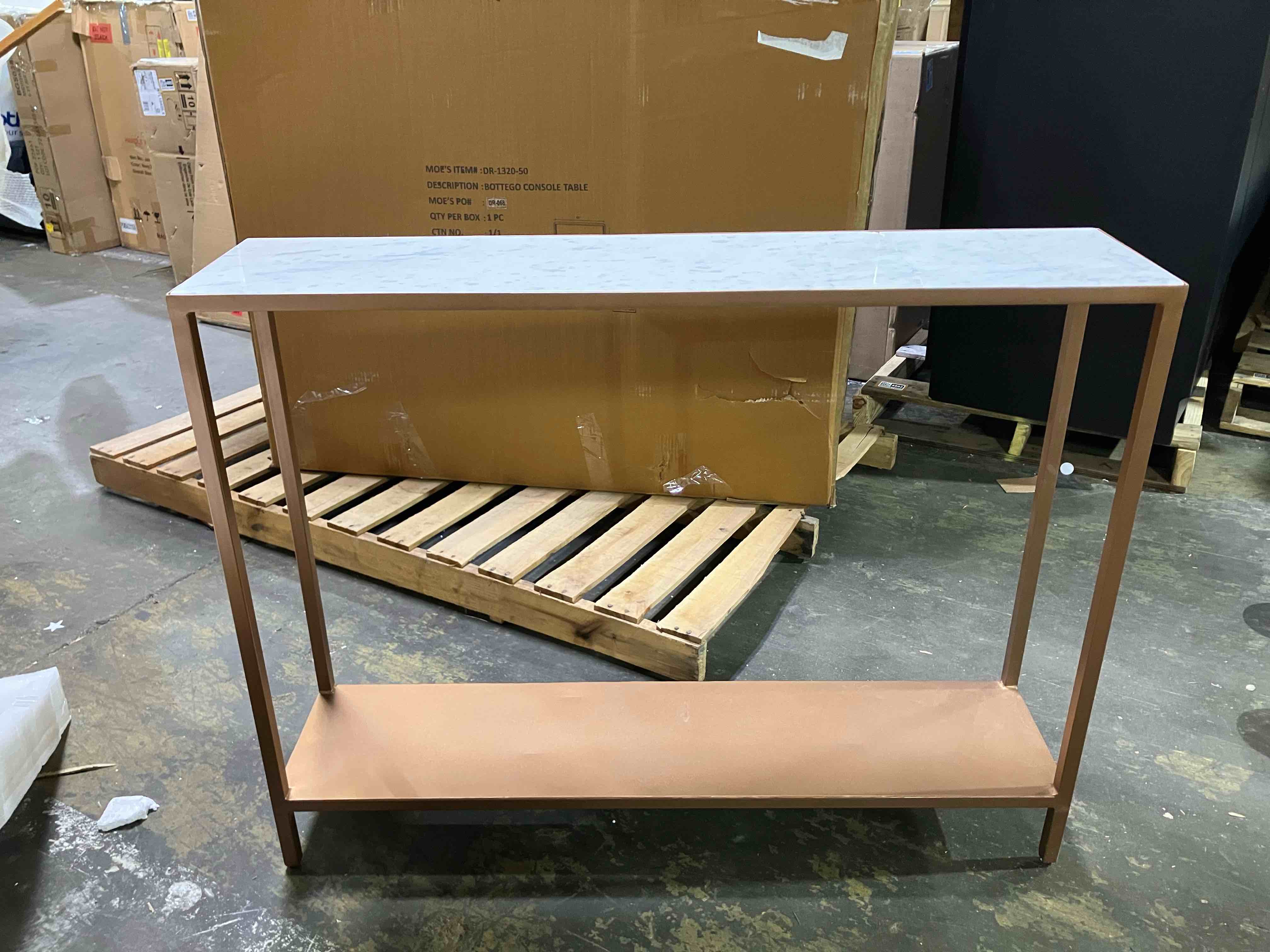 Condition photo showing As Is for Copper Framed Marble Console Table | Novi Living Bottego - W42 x D10 x H32 in | Weight 41lbs - (As is because marble top is cracked, pictured, and will need repaired)