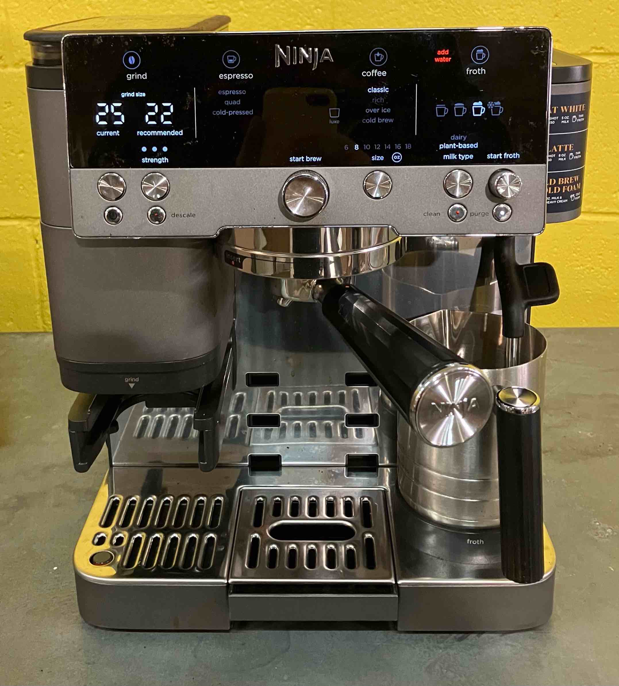 Condition photo showing Good Condition for Ninja Luxe Cafe Premier Series, Espresso Machine, Drip Coffee, Rapid Cold Brew, Integrated Grinder, Hands-Free Frother, with Knock Box, Water Filter, Cleaning Tablets, Descaler, ES601GM Luxe Cafe Gunmetal - (As is because item has been used)