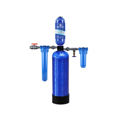 Condition photo showing New/Like New for Rhino® Max Flow Whole Home Water Filtration System with Salt Free Water Conditioner Upgrade, installation guide must be downloaded from Aquasana.com