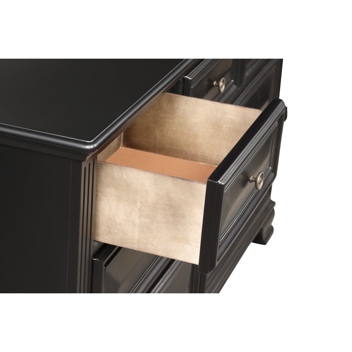 Condition photo showing New/Like New for Samuelsson Solid Wood Dresser- Black- small chip in finish on top left corner (pictured) easily fixed with furniture marker