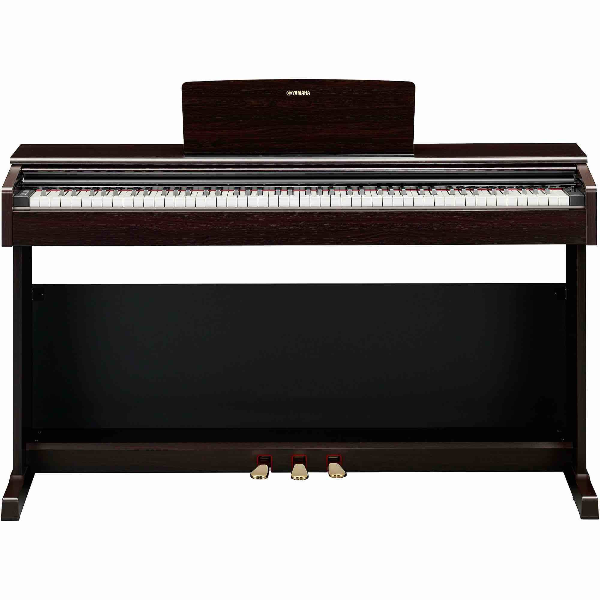 Condition photo showing As Is for Yamaha Arius YDP-145 Traditional Console Digital Piano With Bench in Rosewood- As is: damage/bending to back of key bed resulting in 54 broken keys (pictured), minor cosmetic damage to keyboard body on kick board, fall board, and key bed. Keyboard still turns on, all parts included. 