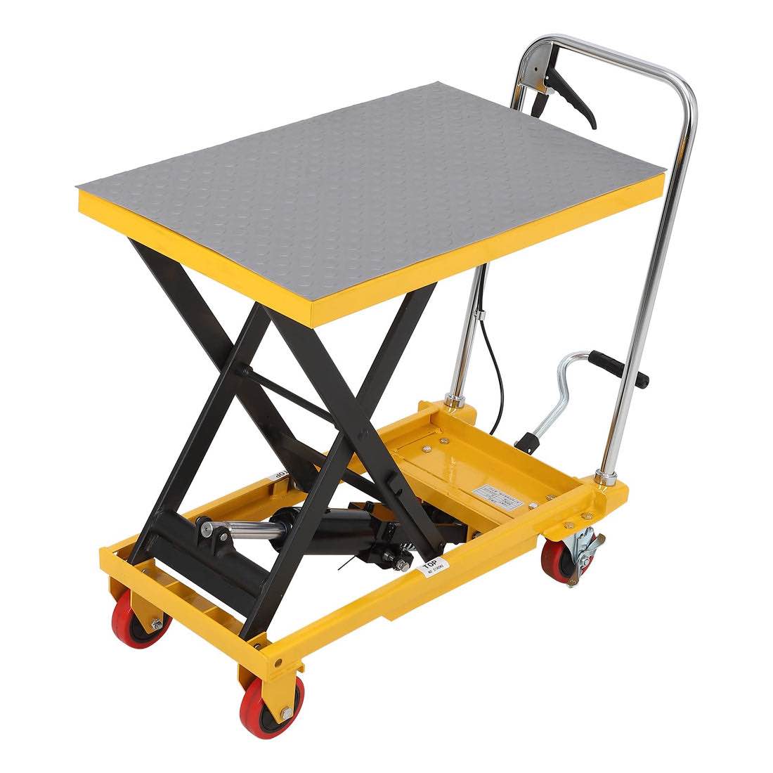 garvee hydraulic lift table cart 500lbs, lift table capacity 28.5 inch lifting height, manual single scissor with 4 wheels and non-slip pad thickness 3mm for material handling and transportation - 330lbs / yellow, missing one wheel (can be bought at any hardware store)