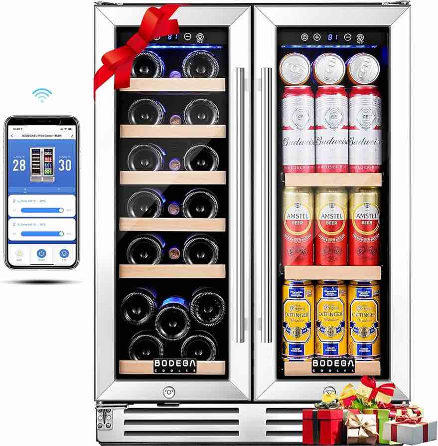bodega 24 inch beverage and wine refrigerator, dual zone wine cooler under counter, with independent temperature control and upgraded compressor, holds 57 cans and 19 bottles, unit dented/scratched on top, front, and both sides, doors stick due to damage, unit turns on and works