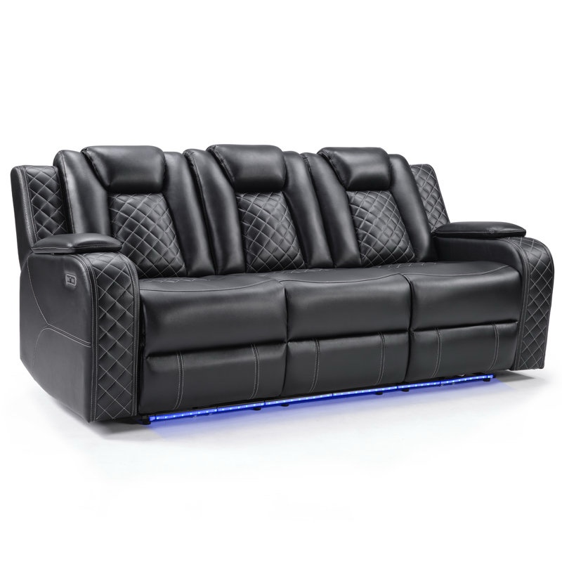 lamica 83.4'' w breathable leather power reclining sofa with adjustable headrest & usb - (good condition because sofa is missing the side arms, and also the rail underneath the right recliner is bent and may not recline correctly)